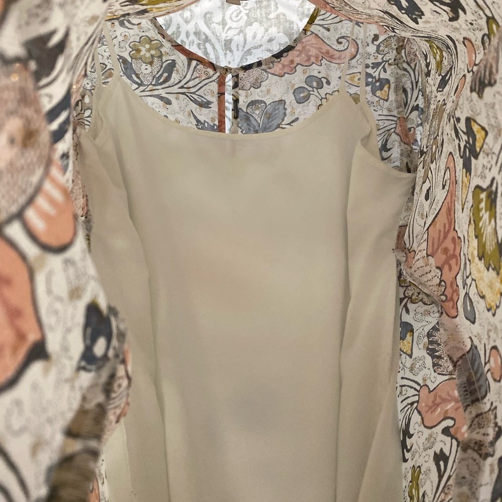 LOFT Flutter Flounce Shimmer Gold Swiss Dot Boho Feminine Floral Dress Pastel L - Picture 8 of 12